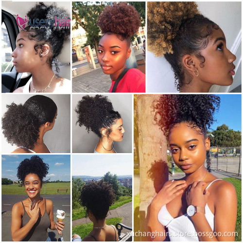 Natural Human Hair Afro Puff Hairpiece Virgin Brazilian Hair Bun Afro Puff Kinky Curly Drawstring Ponytail Hair Extensions